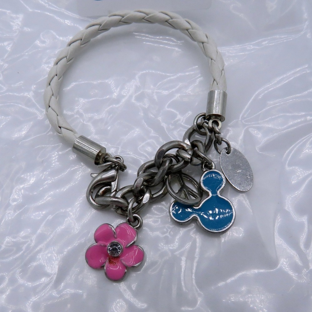 Disney Mickey Mouse Charm Bracelet White Braided Cord Silver Tone‎ Pink Flower